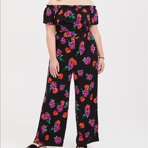 TORRID + BLACK FLORAL OFF SHOULDER JUMPSUIT NWOT